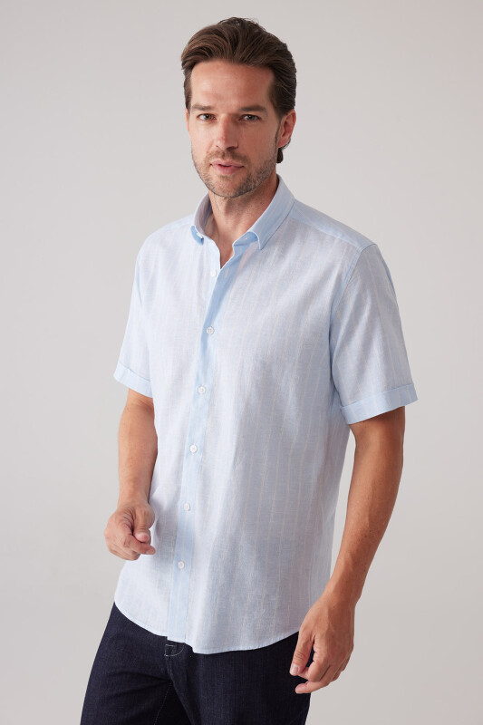 Erkek Açık Mavi Slim Fit Pamuk Keten Karışımlı Çizgili Gömlek