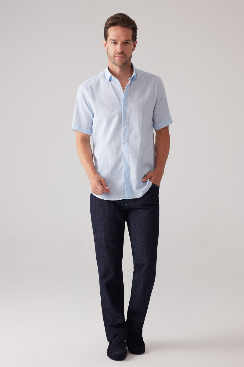 Erkek Açık Mavi Slim Fit Pamuk Keten Karışımlı Çizgili Gömlek - 5