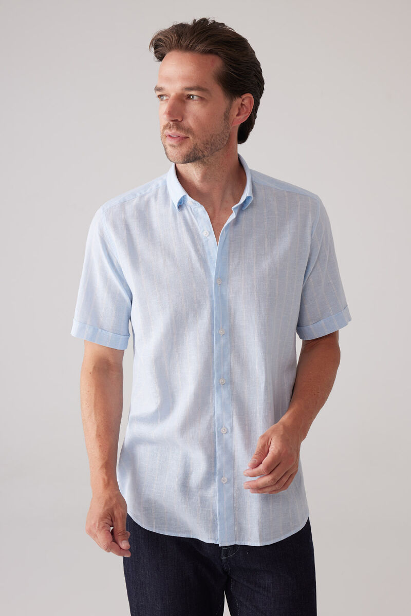 Erkek Açık Mavi Slim Fit Pamuk Keten Karışımlı Çizgili Gömlek - 6