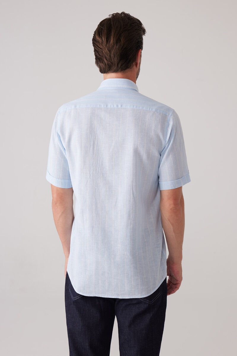 Erkek Açık Mavi Slim Fit Pamuk Keten Karışımlı Çizgili Gömlek - 8