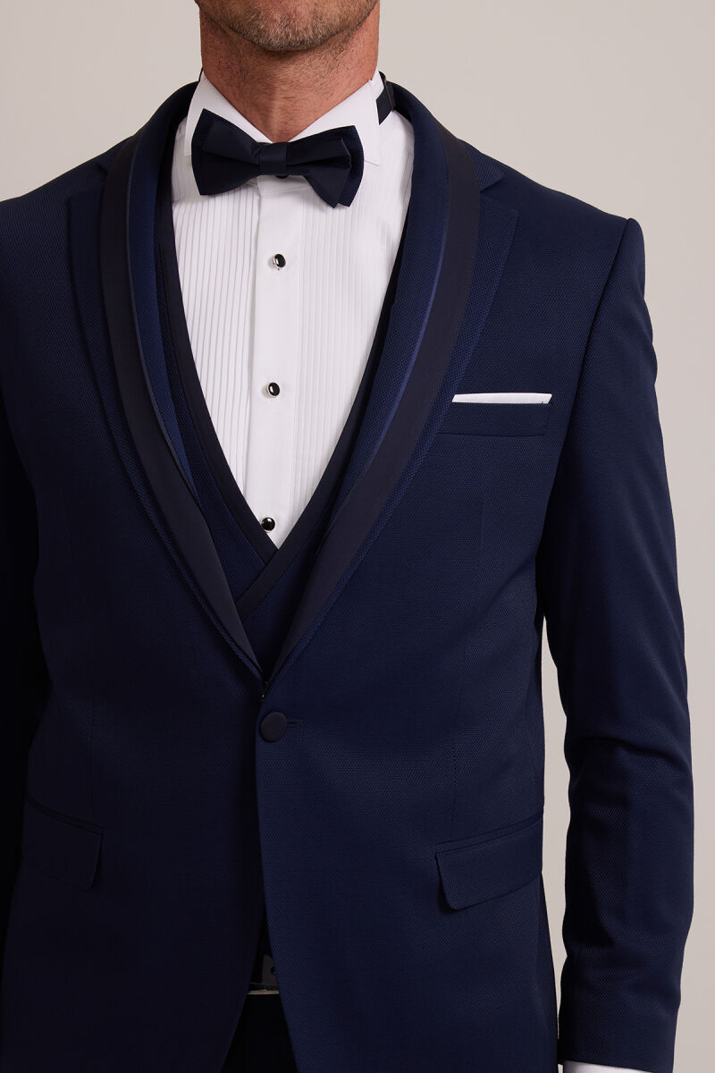 Erkek Açık Mavi Slim Fit Yelekli Şal Yaka Damatlık - 5