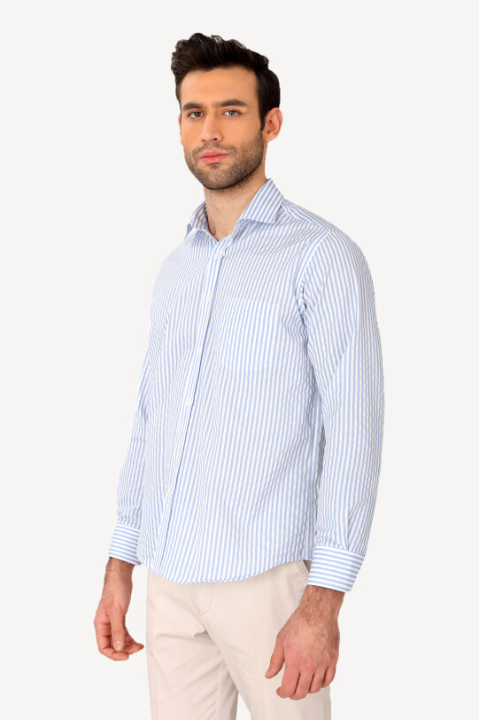 Erkek Açık Mavi Uzun Kol Klasik Çizgili Gömlek