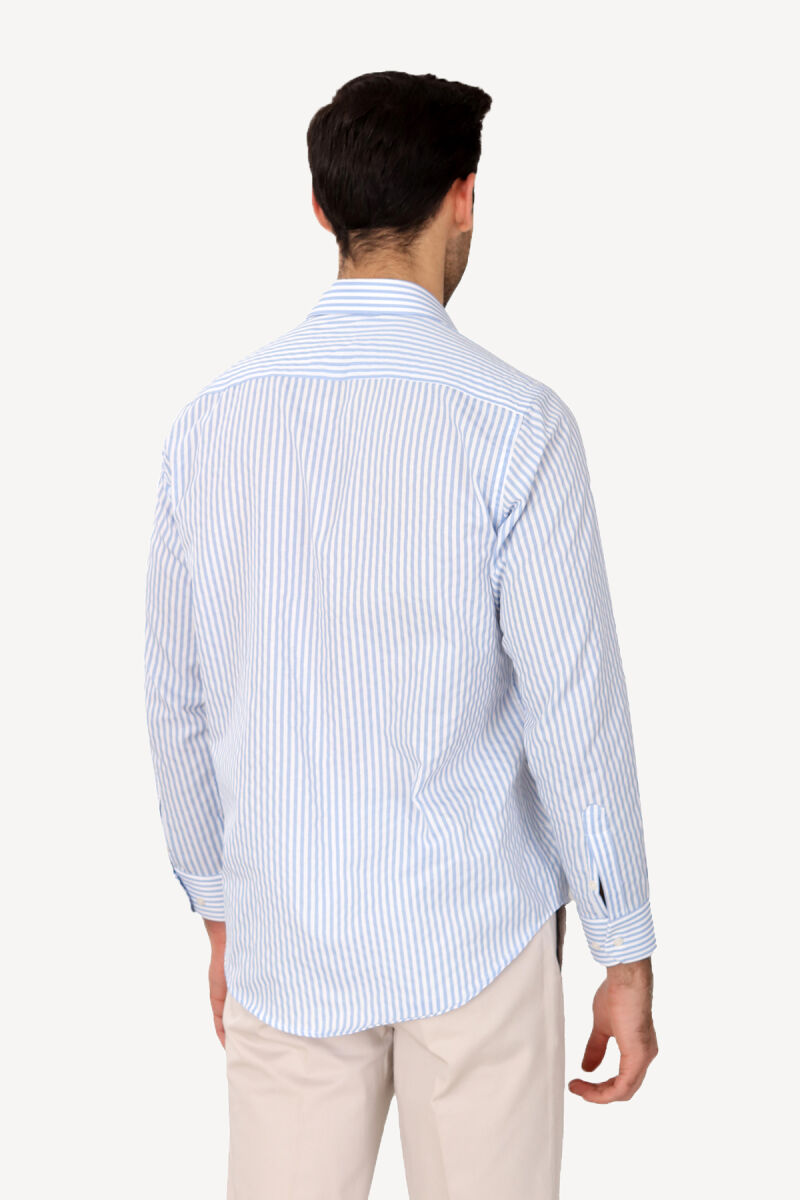 Erkek Açık Mavi Uzun Kol Klasik Çizgili Gömlek - 3