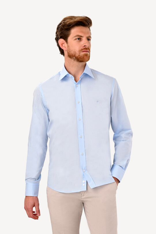 Erkek Açık Mavi Uzun Kol Silim Fit Saten Gömlek
