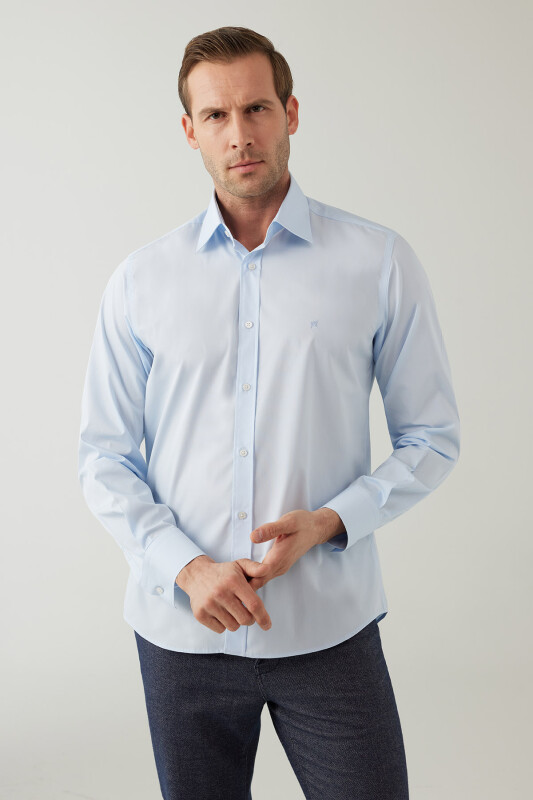 Erkek Açık Mavi Uzun Kol Silim Fit Saten Gömlek