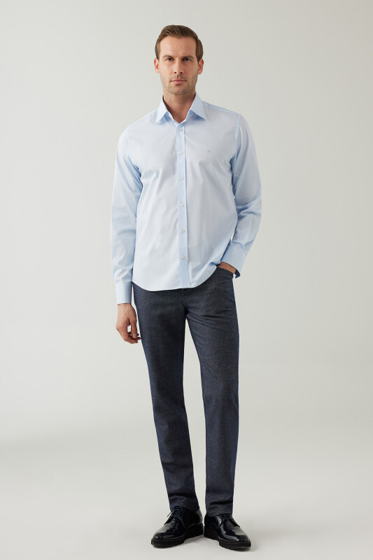 Erkek Açık Mavi Uzun Kol Silim Fit Saten Gömlek