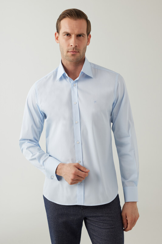 Erkek Açık Mavi Uzun Kol Silim Fit Saten Gömlek