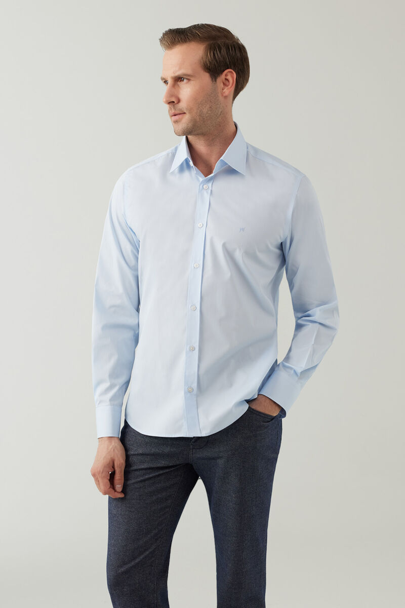 Erkek Açık Mavi Uzun Kol Silim Fit Saten Gömlek - 4