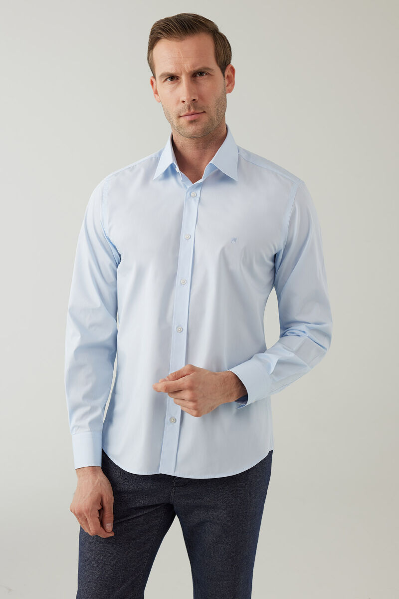 Erkek Açık Mavi Uzun Kol Silim Fit Saten Gömlek - 5