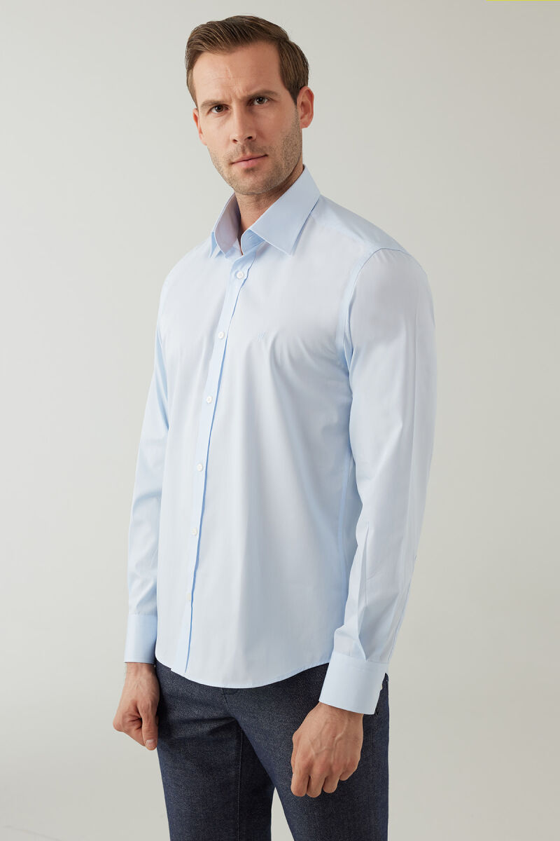 Erkek Açık Mavi Uzun Kol Silim Fit Saten Gömlek - 6