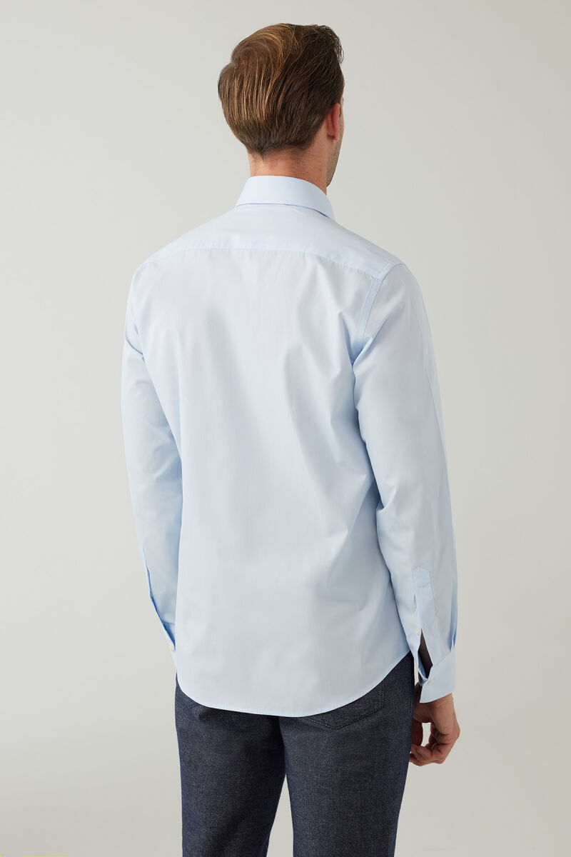 Erkek Açık Mavi Uzun Kol Silim Fit Saten Gömlek - 8