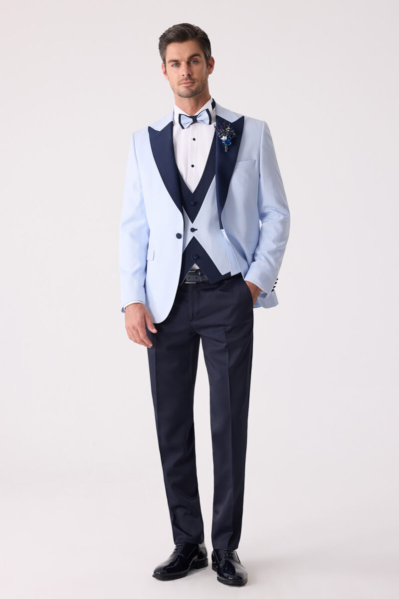 Erkek Açık Mavi Yelekli Kırlangıç Yaka Slim Fit Damatlık - 1