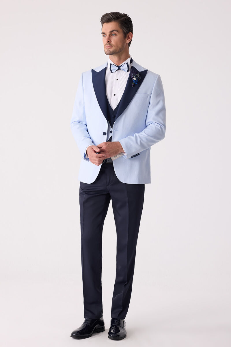 Erkek Açık Mavi Yelekli Kırlangıç Yaka Slim Fit Damatlık - 2