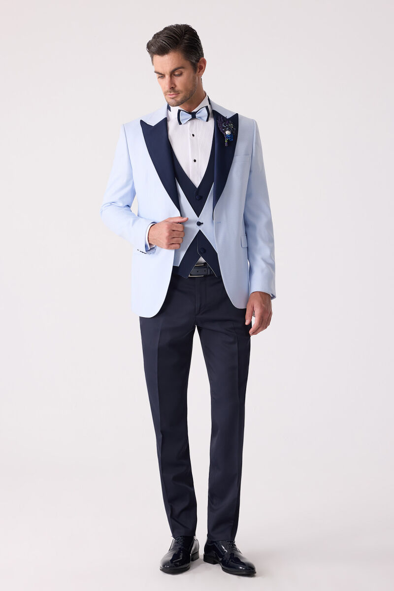 Erkek Açık Mavi Yelekli Kırlangıç Yaka Slim Fit Damatlık - 3