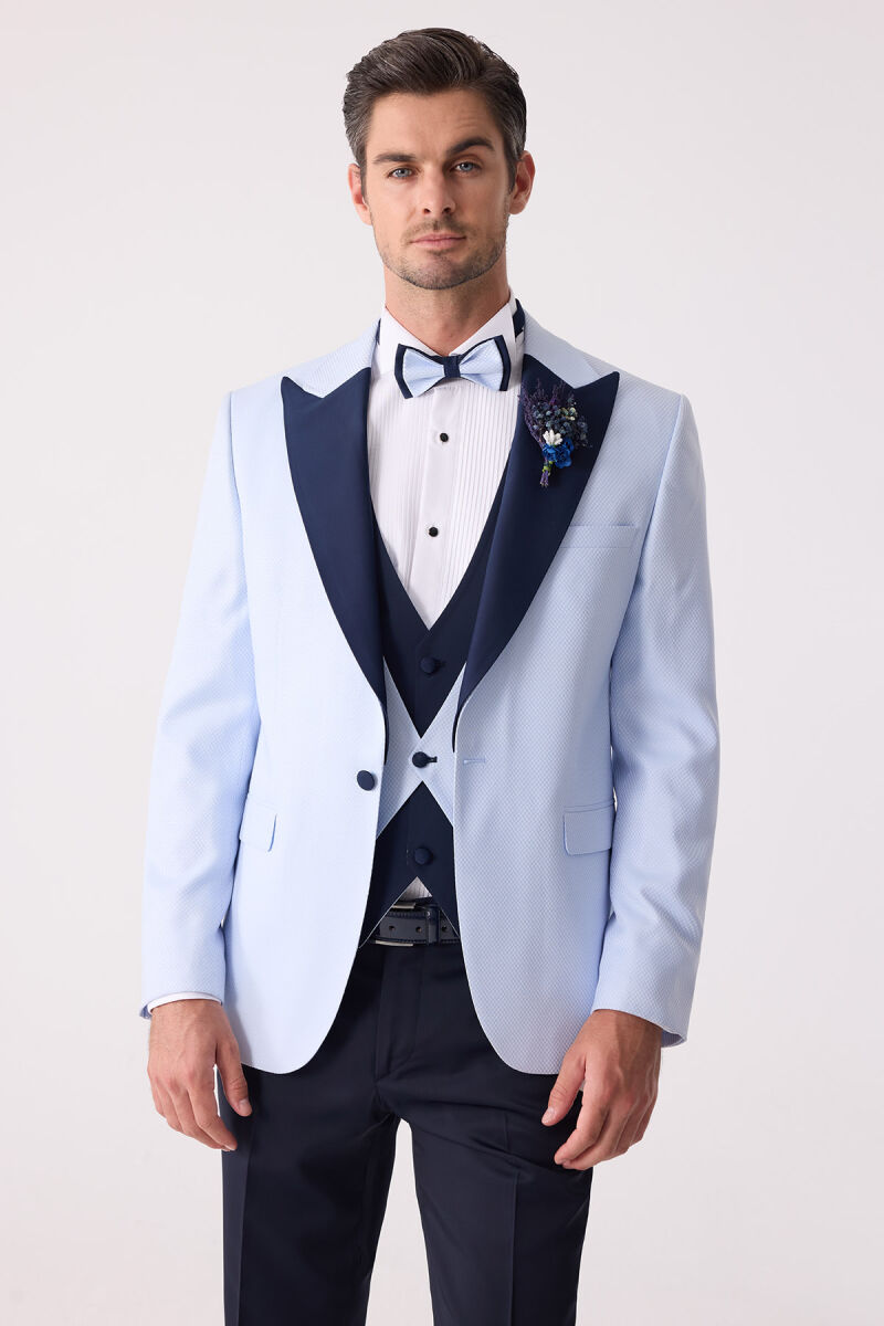 Erkek Açık Mavi Yelekli Kırlangıç Yaka Slim Fit Damatlık - 4