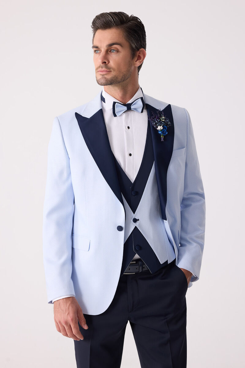 Erkek Açık Mavi Yelekli Kırlangıç Yaka Slim Fit Damatlık - 6