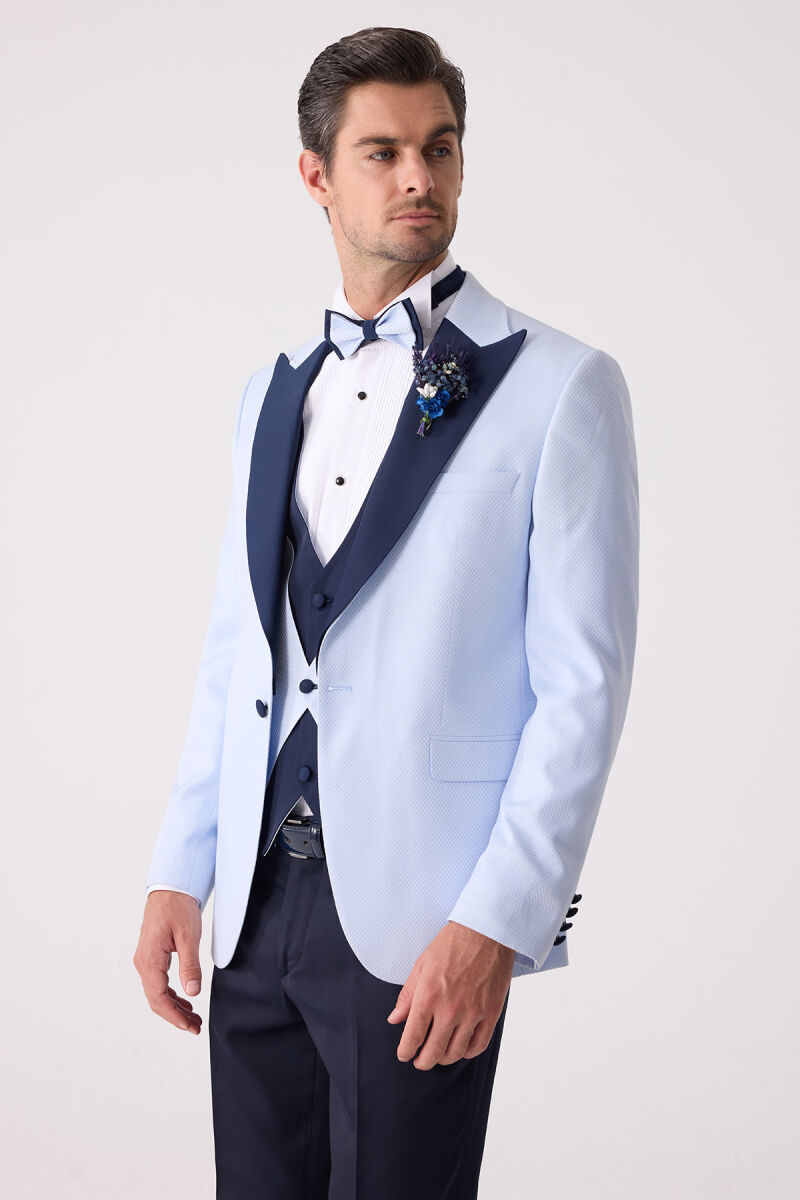 Erkek Açık Mavi Yelekli Kırlangıç Yaka Slim Fit Damatlık - 7