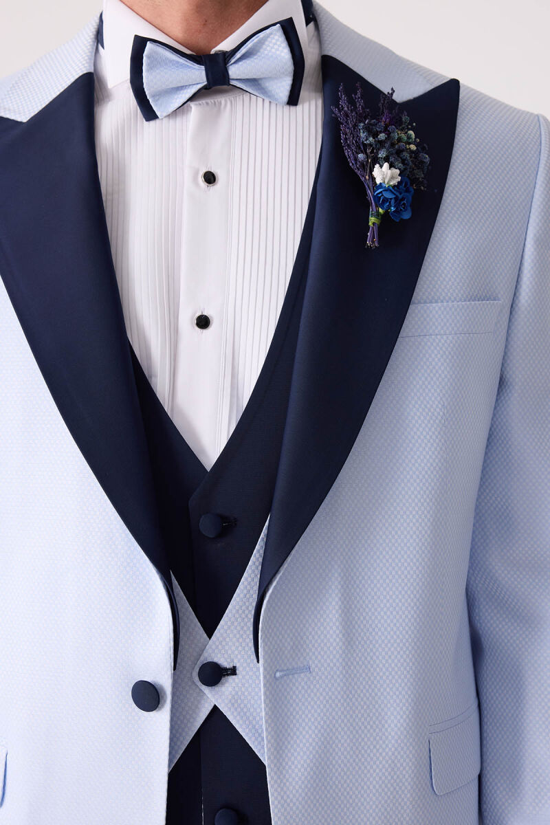 Erkek Açık Mavi Yelekli Kırlangıç Yaka Slim Fit Damatlık - 8