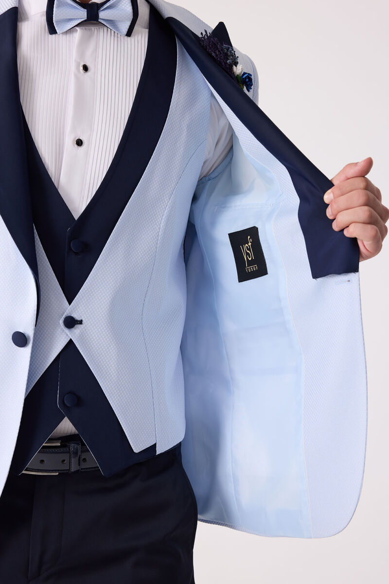 Erkek Açık Mavi Yelekli Kırlangıç Yaka Slim Fit Damatlık - 9