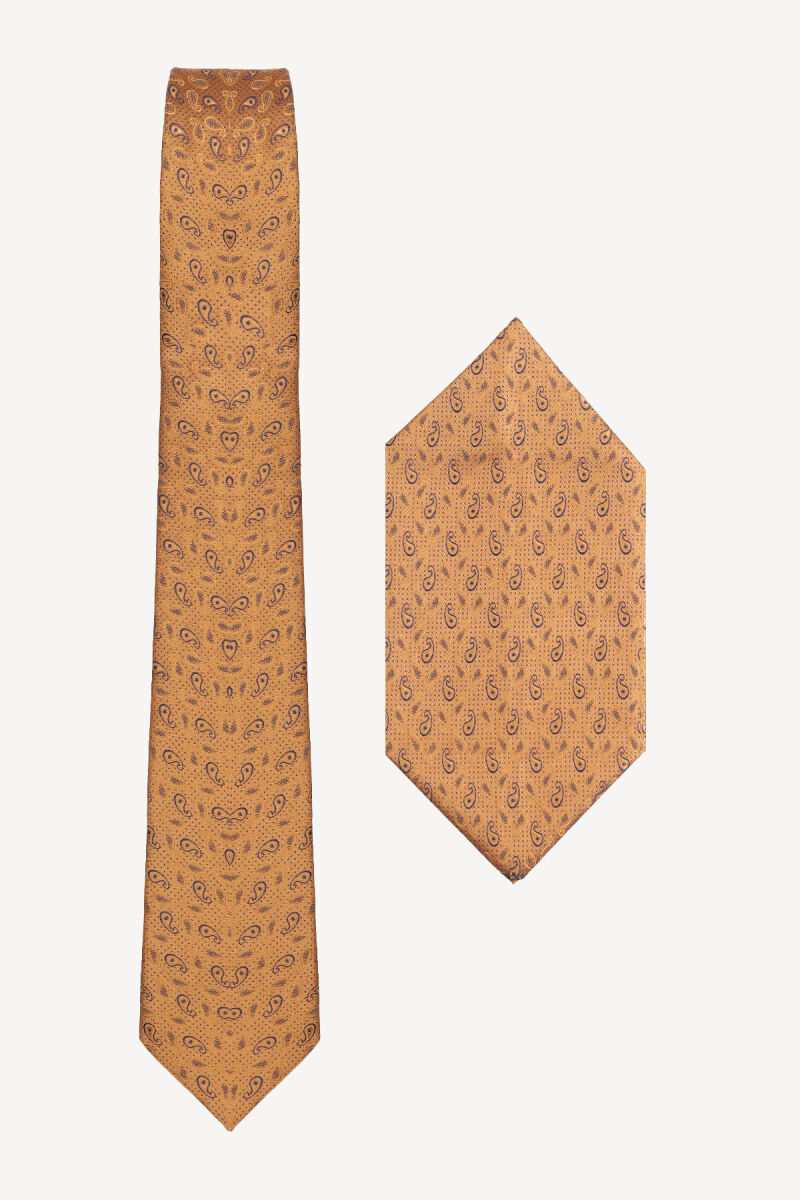 Erkek Altın Sarısı Desenli Kravat Mendil Set - 1
