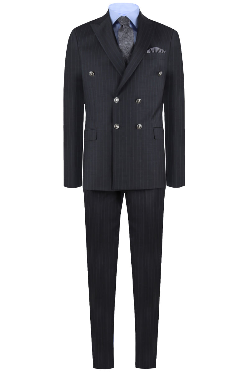 Erkek Antrasit Çizgili Regular Fit Kruvaze Takım Elbise - 1