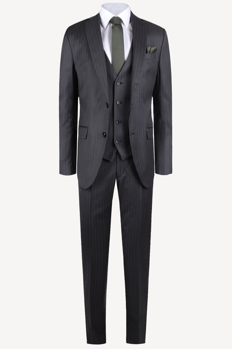 Erkek Antrasit Çizgili Yelekli Slim Fit Takım Elbise - 1