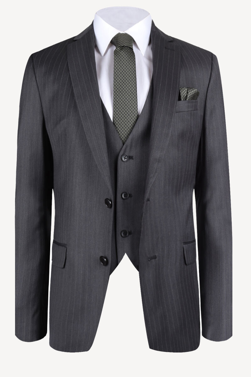 Erkek Antrasit Çizgili Yelekli Slim Fit Takım Elbise - 2