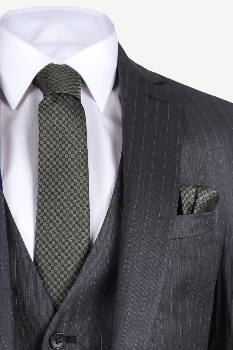 Erkek Antrasit Çizgili Yelekli Slim Fit Takım Elbise - 3