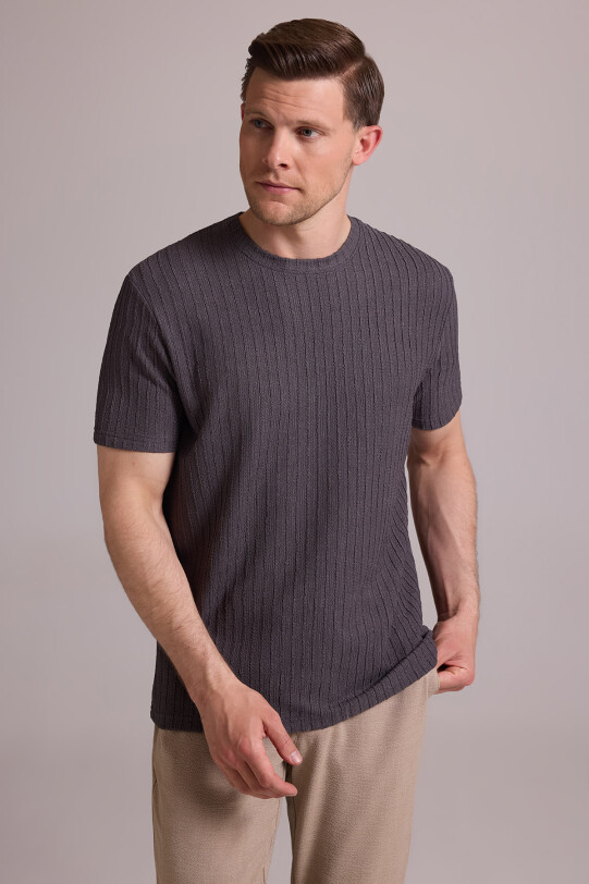 Erkek Antrasit Desenli Bisiklet Yaka T-shirt