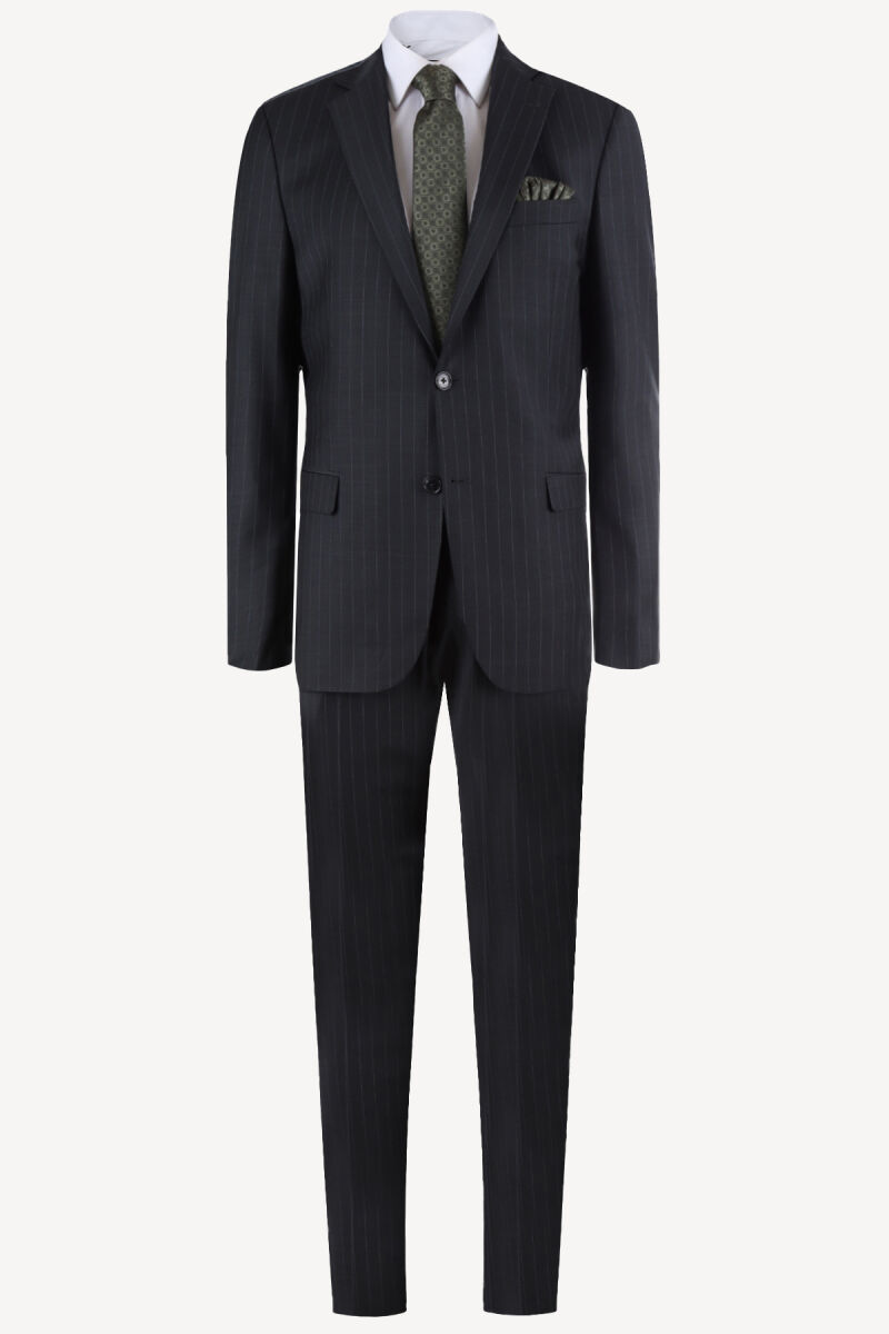 Erkek Antrasit Klasik Çizgili Takım Elbise - 1