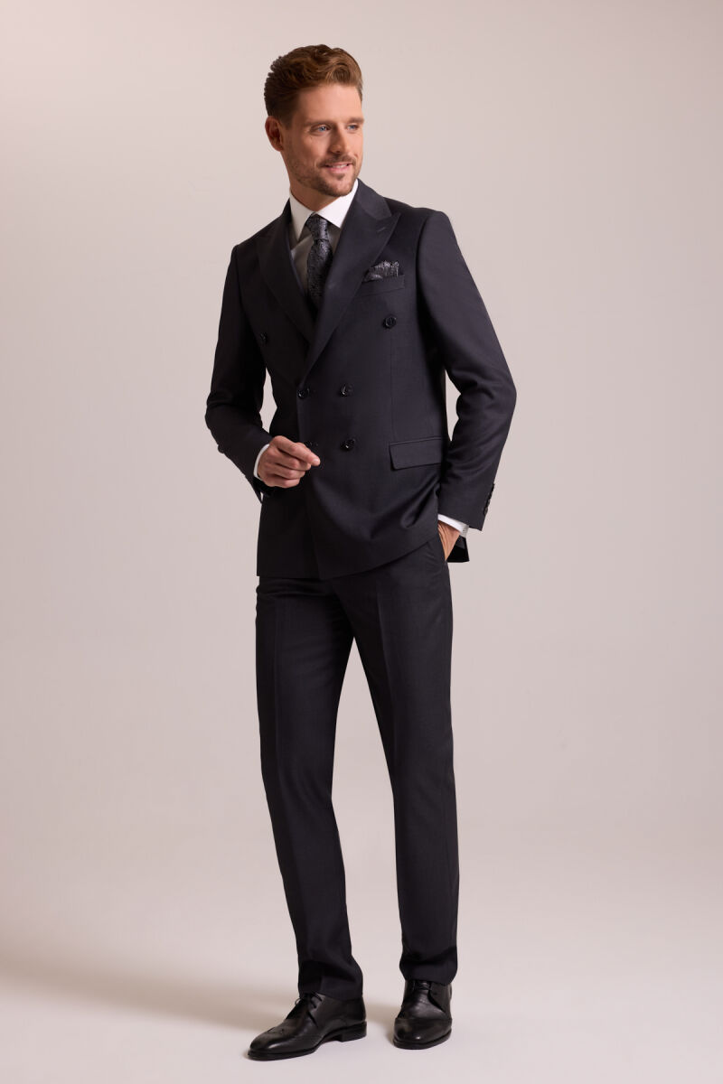 Erkek Antrasit Regular Fit Kruvaze Yaka Yün Takım Elbise - 1