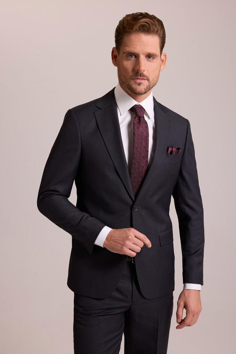 Erkek Antrasit Slim Fit Mono Yaka Yün Takım Elbise - 3