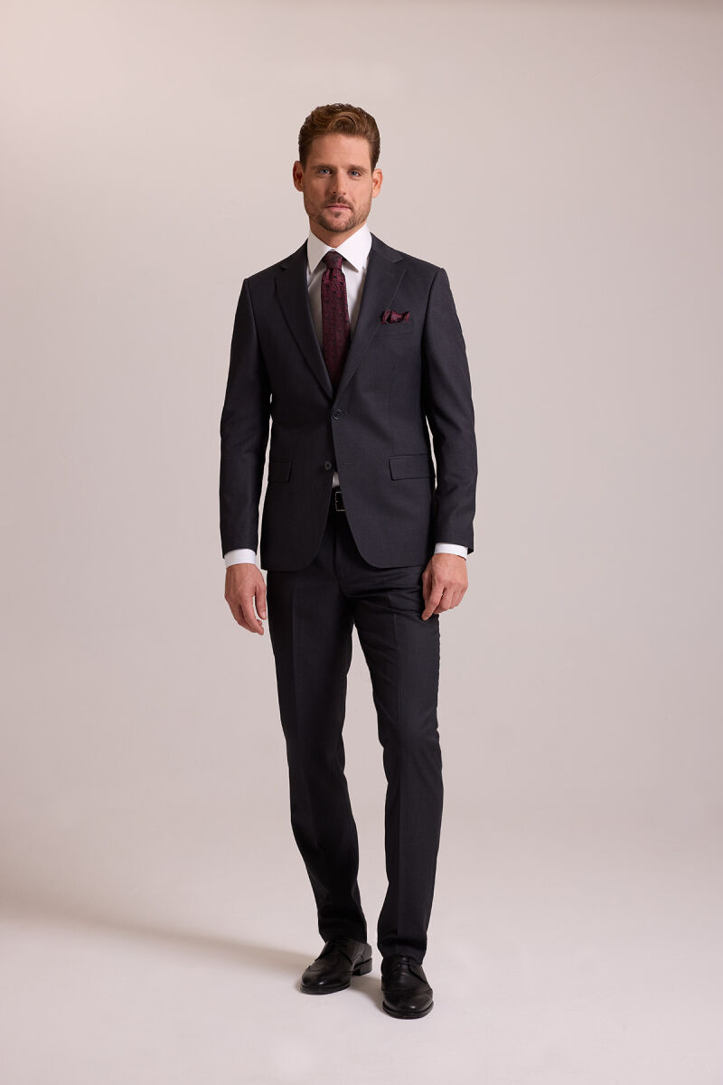 Erkek Antrasit Slim Fit Mono Yaka Yün Takım Elbise - 1