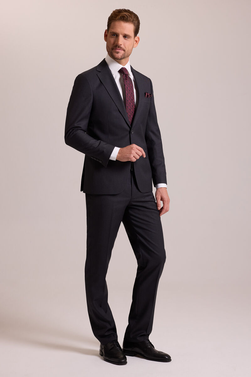 Erkek Antrasit Slim Fit Mono Yaka Yün Takım Elbise - 2