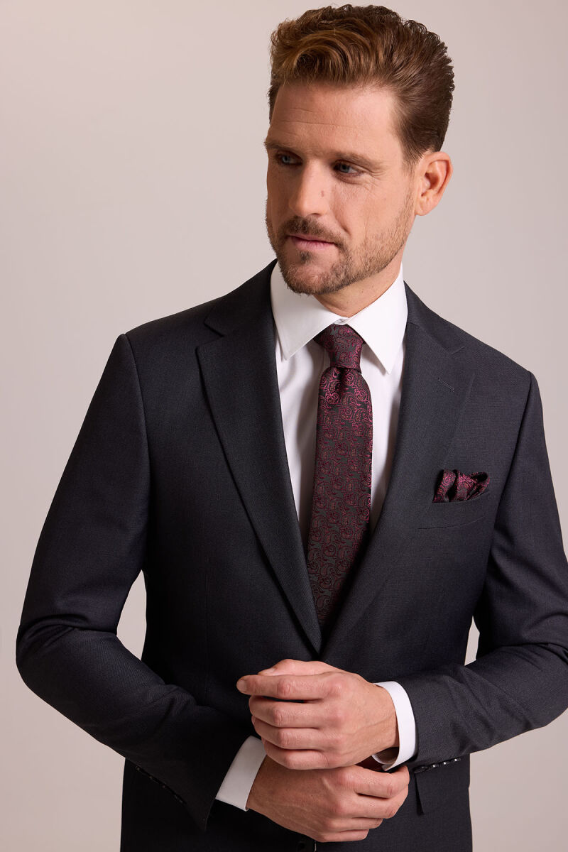 Erkek Antrasit Slim Fit Mono Yaka Yün Takım Elbise - 6