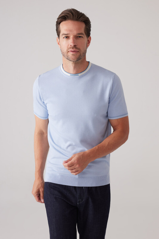 Erkek Bebe Mavisi Slim Fit Kaşmir Karışımlı Bisiklet Yaka Tişört
