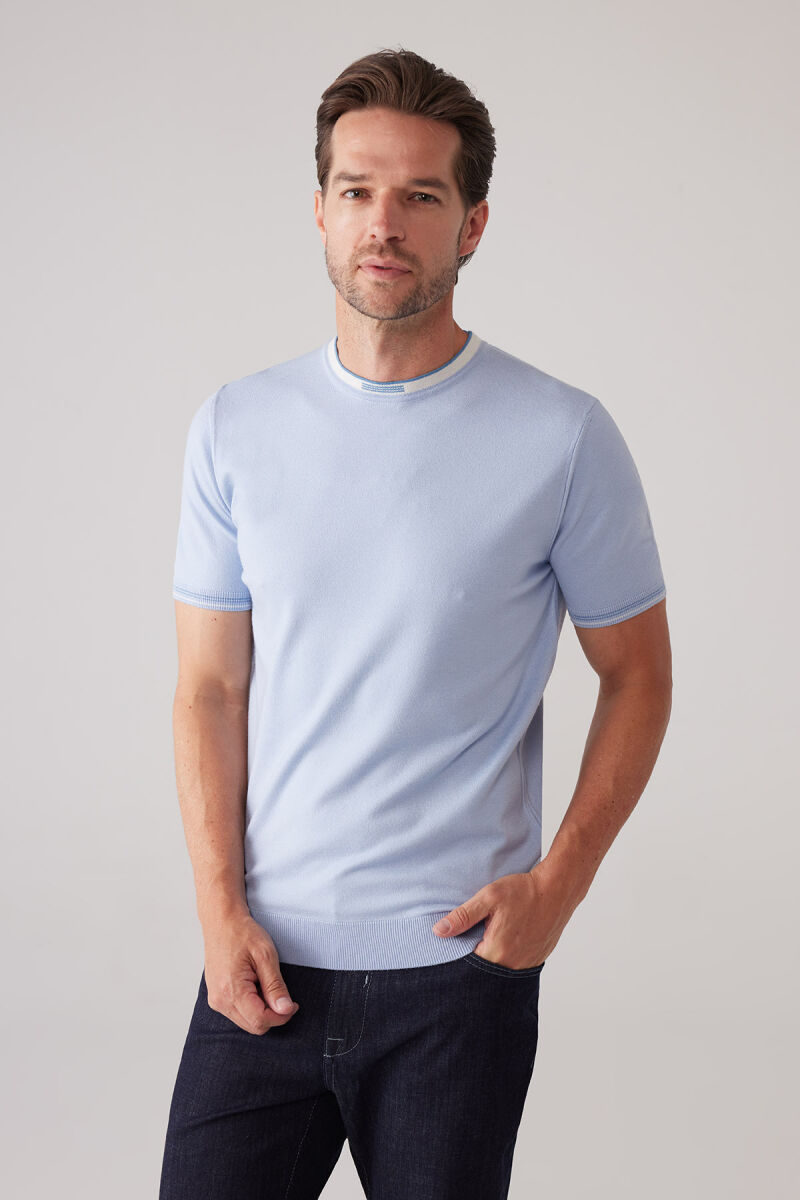 Erkek Bebe Mavisi Slim Fit Kaşmir Karışımlı Bisiklet Yaka Tişört - 2