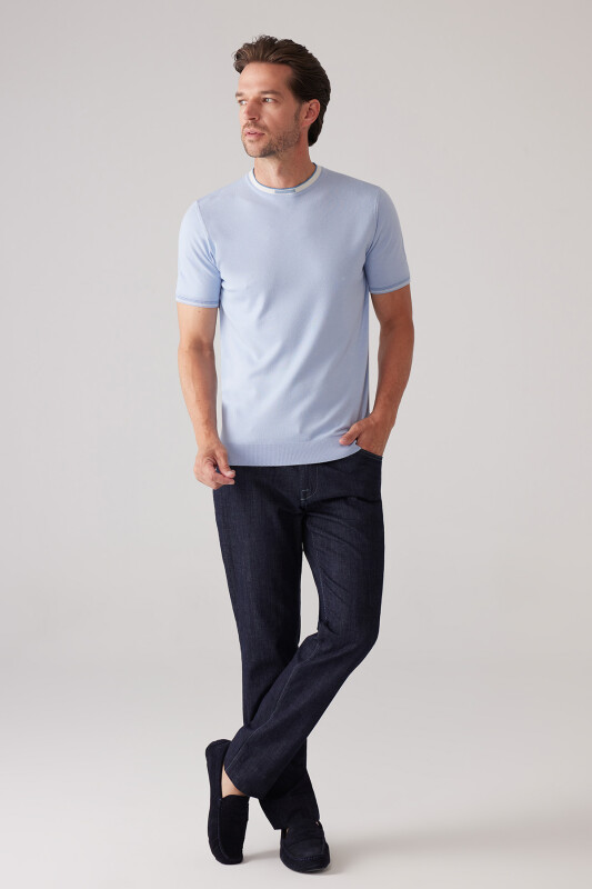 Erkek Bebe Mavisi Slim Fit Kaşmir Karışımlı Bisiklet Yaka Tişört
