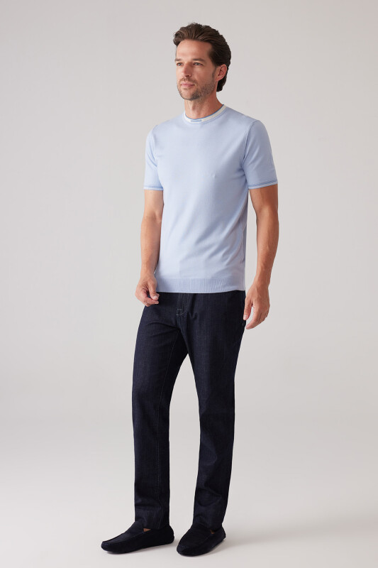 Erkek Bebe Mavisi Slim Fit Kaşmir Karışımlı Bisiklet Yaka Tişört
