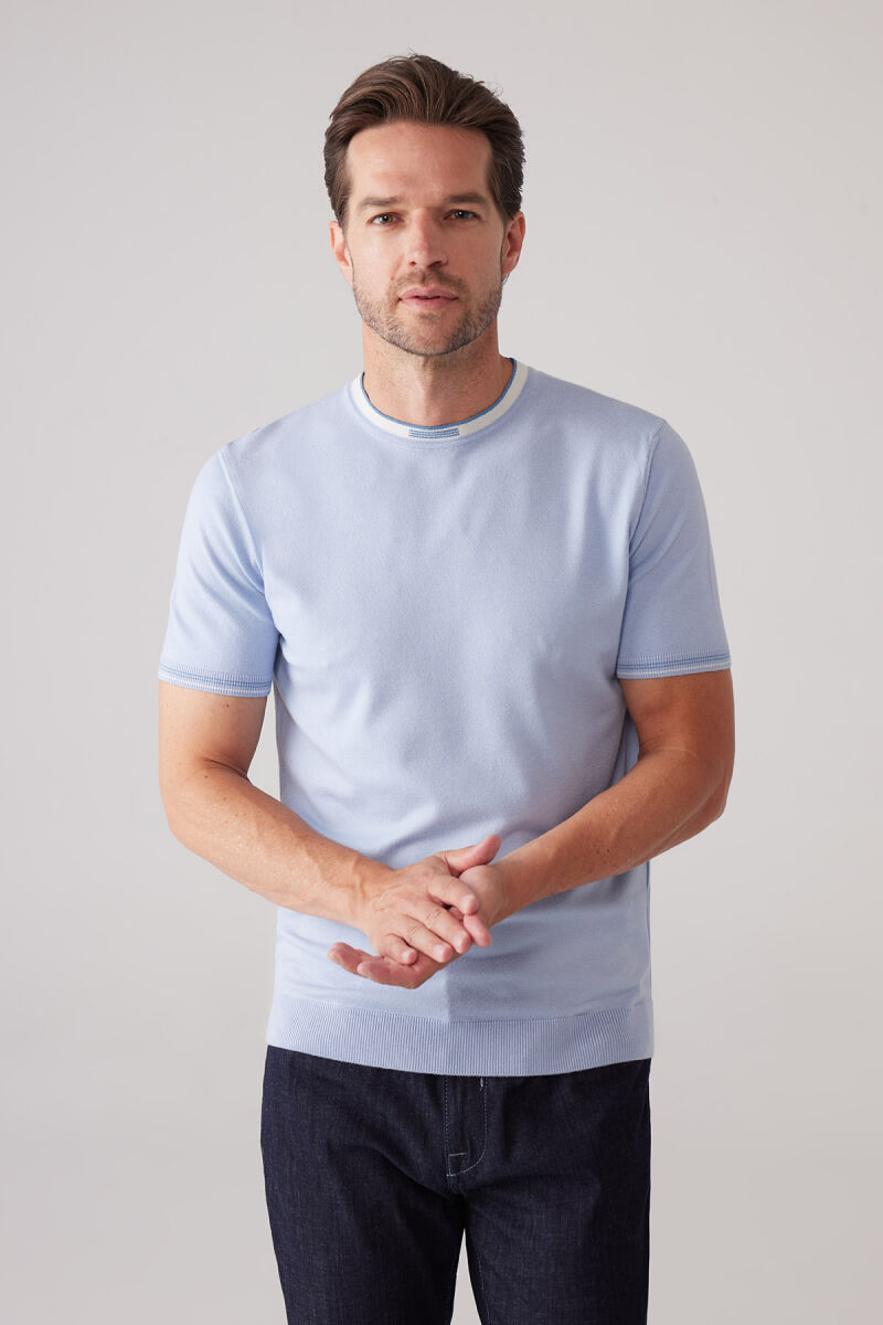Erkek Bebe Mavisi Slim Fit Kaşmir Karışımlı Bisiklet Yaka Tişört - 5