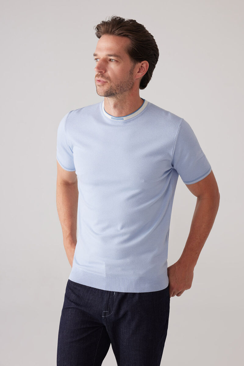 Erkek Bebe Mavisi Slim Fit Kaşmir Karışımlı Bisiklet Yaka Tişört - 6