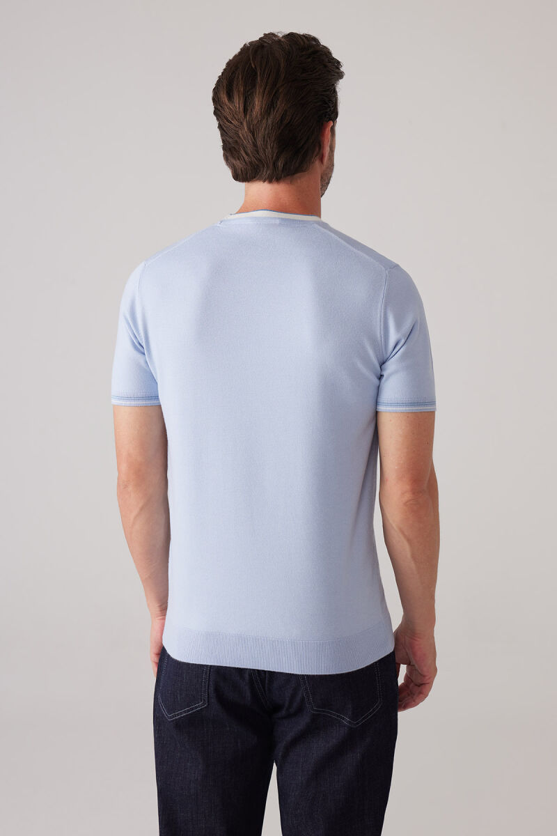 Erkek Bebe Mavisi Slim Fit Kaşmir Karışımlı Bisiklet Yaka Tişört - 8