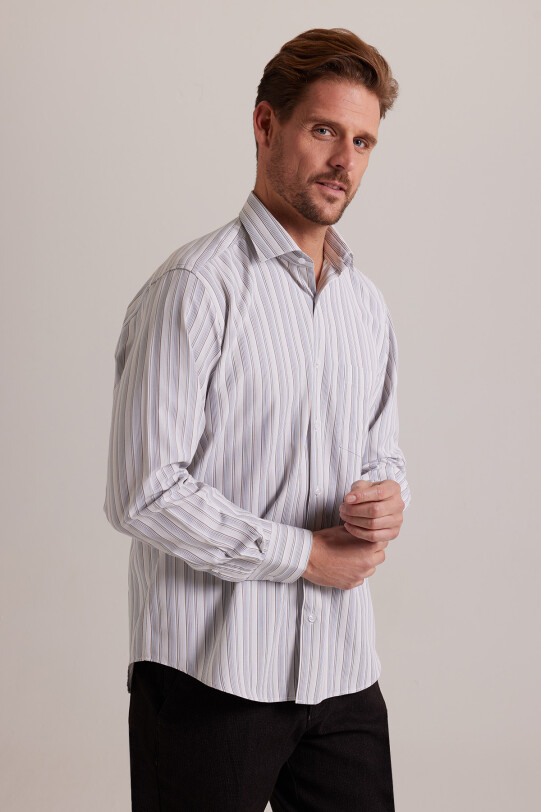 Erkek Bej Çizgili Regular Fit Uzun Kol Gömlek