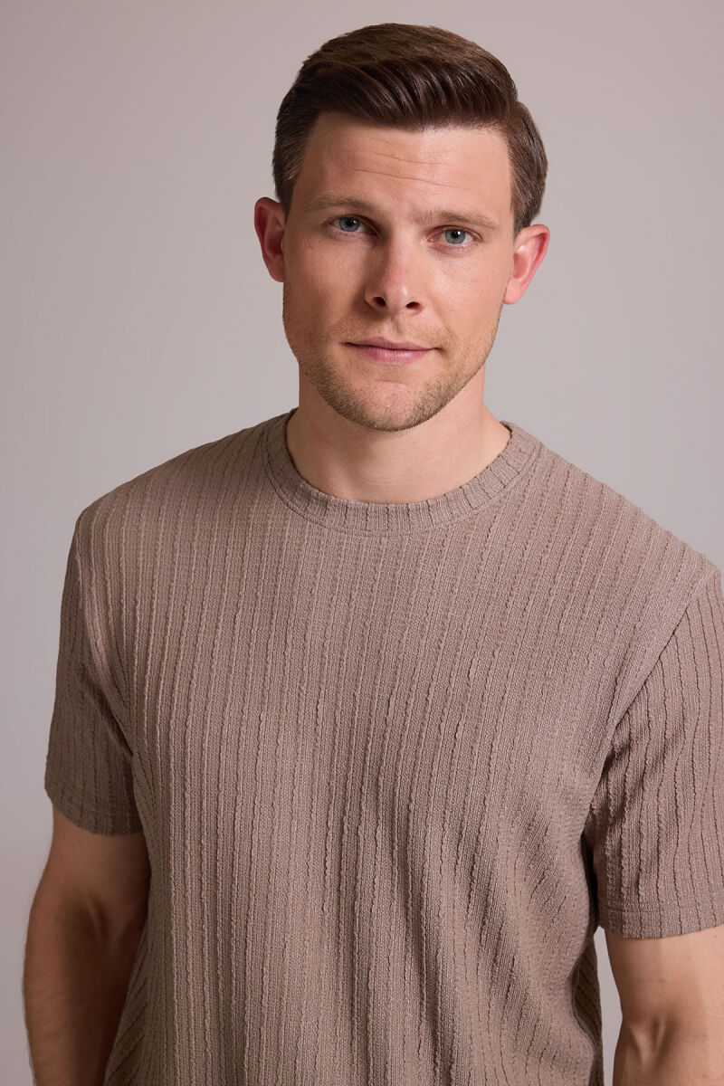 Erkek Bej Desenli Bisiklet Yaka T-shirt - 1