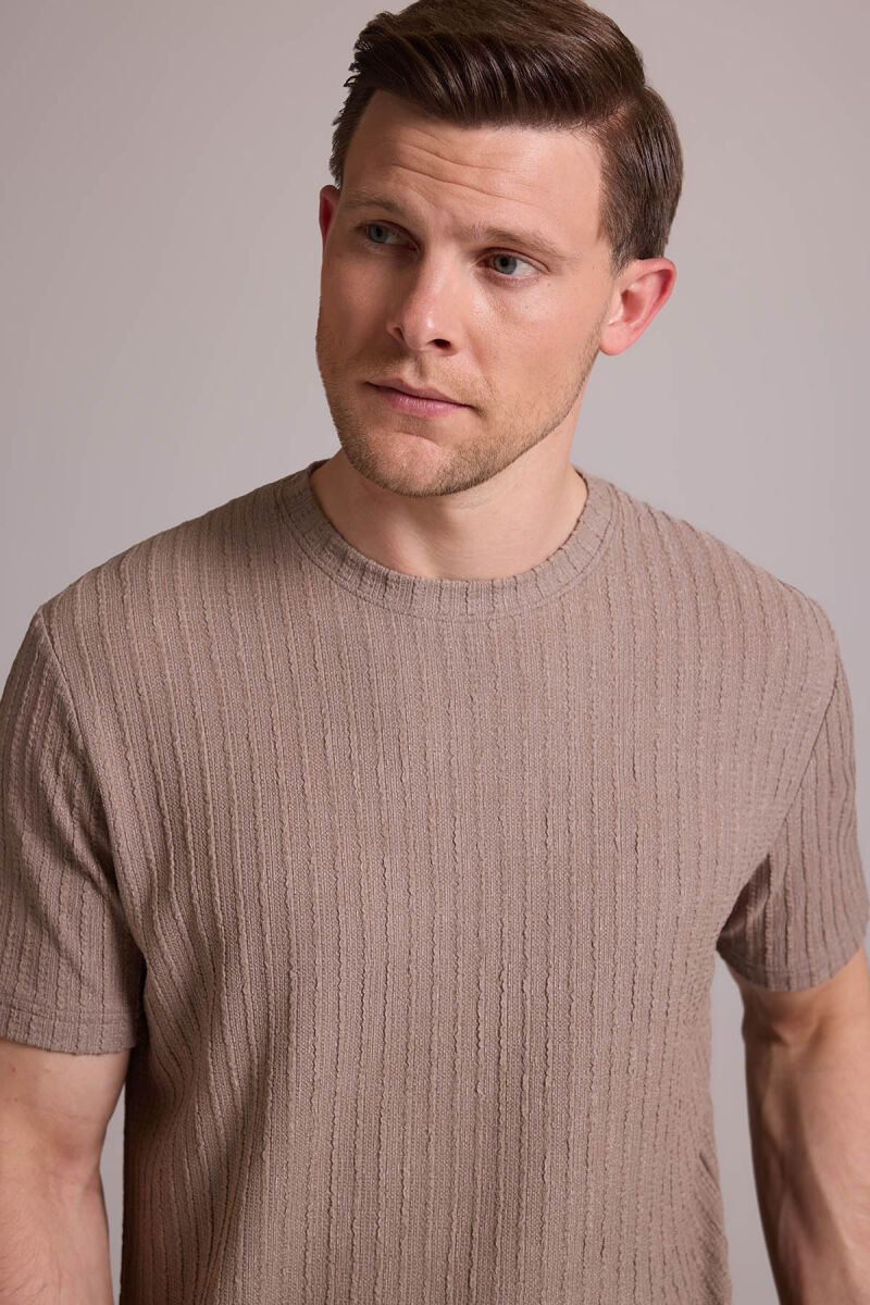 Erkek Bej Desenli Bisiklet Yaka T-shirt - 2