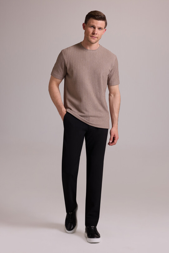 Erkek Bej Desenli Bisiklet Yaka T-shirt