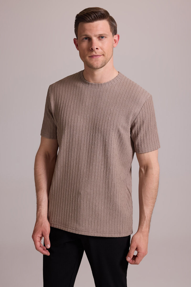 Erkek Bej Desenli Bisiklet Yaka T-shirt - 4