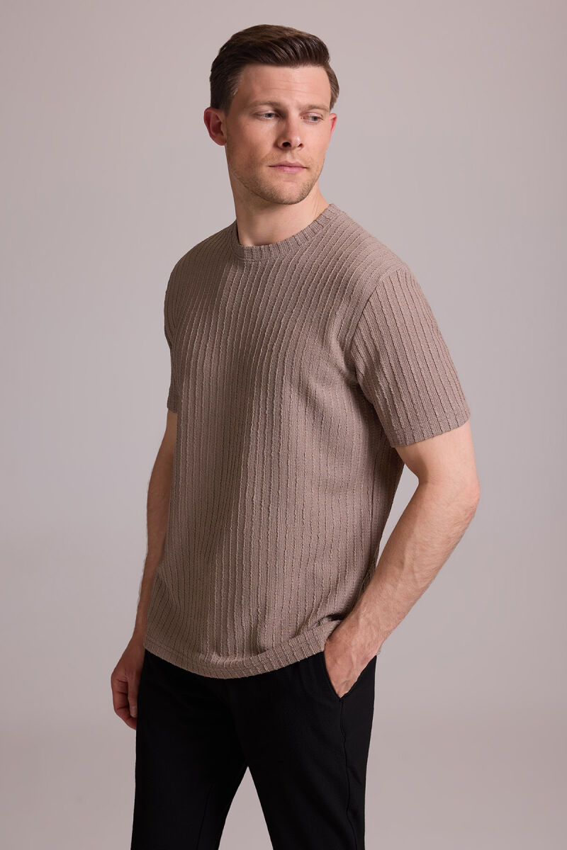 Erkek Bej Desenli Bisiklet Yaka T-shirt - 6