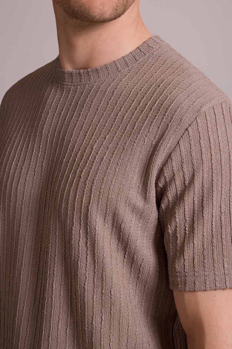 Erkek Bej Desenli Bisiklet Yaka T-shirt - 7