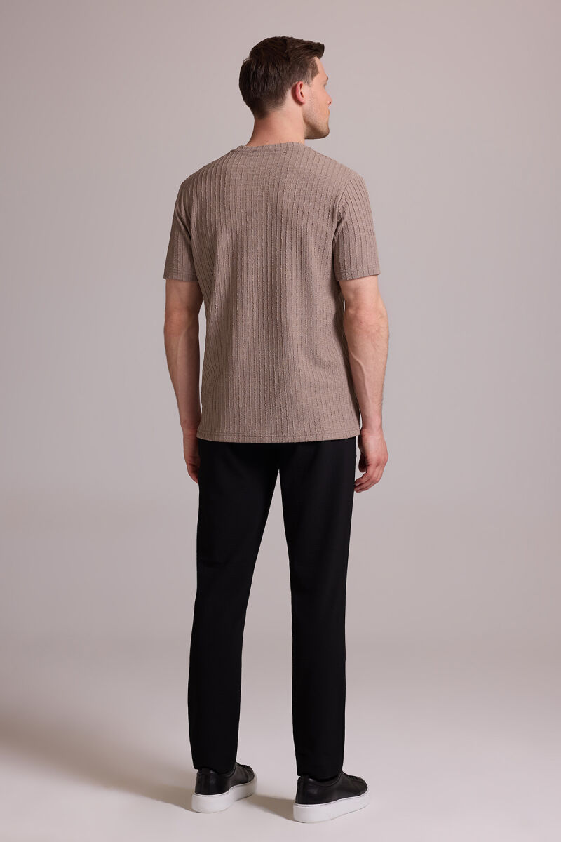 Erkek Bej Desenli Bisiklet Yaka T-shirt - 8